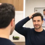 Paciente revisando la evolución de los resultados de su injerto capilar en una clínica de Córdoba