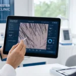 Tricograma digital analizando la densidad capilar por cm² en una clínica de injerto capilar de Córdoba