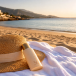 Playa al atardecer con gorro y protector solar, cuidados tras un injerto capilar en Córdoba