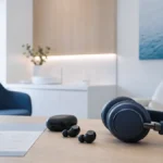 Auriculares intraaurales y de diadema en una consulta capilar luminosa para explicar cuándo usarlos después de un injerto capilar en Córdoba