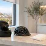 Casco de moto y casco de bicicleta en una clínica capilar luminosa para explicar cuándo usar casco después de un injerto capilar en Córdoba