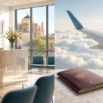 Recepción de clínica de injerto capilar en Córdoba frente a pasaporte y avión simbolizando la decisión entre operarse en España o viajar a Turquía, con mostrador de mármol y luz natural