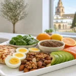 Bandeja con alimentos ricos en proteínas, hierro, zinc y omega-3 recomendados tras un injerto capilar en Córdoba
