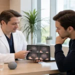 Consulta médica revisando caída del cabello por estrés en una clínica de Córdoba
