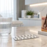 Blíster de finasteride 1mg con vaso de agua sobre mostrador de mármol en una clínica de injerto capilar en Córdoba, simbolizando el tratamiento postoperatorio con finasteride