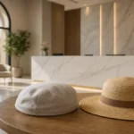 Gorra suave de algodón y sombrero de ala ancha sobre mesa de mármol en una clínica de injerto capilar en Córdoba, simbolizando las opciones de protección tras la intervención
