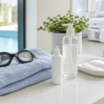 Gafas de natación y toalla junto a productos de cuidado postoperatorio en una clínica capilar luminosa en Córdoba, simbolizando cuándo volver a la piscina después de un injerto capilar