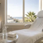 Habitación de recuperación luminosa y tranquila en una clínica de injerto capilar en Córdoba, con butaca reclinada, gasas estériles y spray de suero fisiológico sobre mesa de mármol