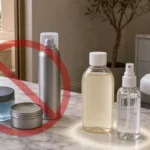 Productos de styling (gel, cera, spray) junto a champú neutro y suero fisiológico sobre mostrador de mármol en una clínica de injerto capilar en Córdoba, simbolizando qué productos evitar y cuáles son seguros tras la intervención