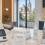 Instrumental médico estéril y material de curas sobre mostrador de mármol en una clínica de injerto capilar en Córdoba, simbolizando los protocolos de seguridad y prevención de complicaciones