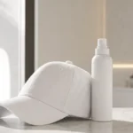 Protector solar FPS 50+ en spray y gorra suave de algodón sobre mostrador de mármol en una clínica de injerto capilar en Córdoba, simbolizando los cuidados solares postoperatorios
