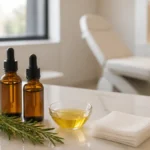 Frascos de vidrio ámbar con gotero de aceite capilar y ramita de romero sobre mostrador de mármol en una clínica luminosa de injerto capilar en Córdoba, simbolizando los plazos seguros para volver a usar aceites capilares tras la intervención
