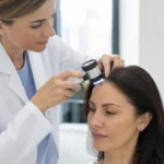 Dermatóloga valorando línea frontal en alopecia frontal fibrosante antes de un injerto capilar en Córdoba