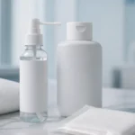 Frasco pulverizador sin marca y bote de champú neutro con gasas estériles y toalla blanca sobre mostrador de mármole en una clínica luminosa de injerto capilar en Córdoba, simbolizando la espera necesaria antes de usar champú seco tras la intervención