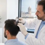 Dermatólogo valorando dermatitis seborreica o psoriasis antes de un injerto capilar en Córdoba