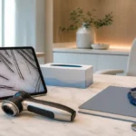 Tablet con tricoscopía del cuero cabelludo, dermatoscopio y cuaderno de historia clínica sobre mostrador de mármol en una clínica luminosa de injerto capilar en Córdoba, simbolizando la valoración de pacientes con enfermedades autoinmunes antes de la cirugía