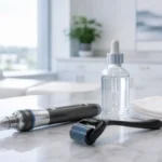 Dermapen con microagujas y dermaroller de titanio junto a un frasco de minoxidil tópico y gasas estériles sobre mostrador de mármol en una clínica luminosa de injerto capilar en Córdoba