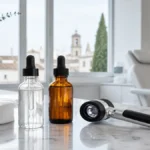 Frascos gotero con solución de ácido salicílico y exfoliante enzymático sobre mostrador de mármol en una clínica luminosa de injerto capilar en Córdoba, junto a algodón y dermatoscopio