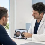 Portátil con videollamada de valoración capilar online junto a un dermatoscopio, simbolizando la valoración online y presencial antes de un injerto capilar en Córdoba