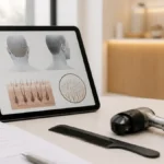 Tablet con esquema de zona donante capilar y dermatoscopio en una clínica luminosa de injerto capilar en Córdoba