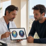 Médico y paciente revisando un mapa de densidad capilar en una clínica de injerto capilar en Córdoba